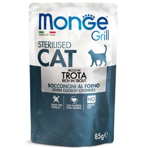 MONGE Grill Sterilised, Păstrăv, plic hrană umedă fără cereale pisici sterilizate, obezitate, apetit capricios, (în aspic)