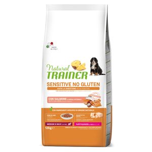NATURAL TRAINER Sensitive No Gluten Puppy & Junior, M-XL, Somon, hrană uscată monoproteică câini junior, sistem digestiv, 12kg
