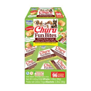 INABA Churu Fun Bites, XS-XL, Pui și dovleac, cutie recompense fără cereale câini, 96g