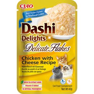 INABA Churu Dashi Delights Delicate Flakes, Pui și Brânză, plic hrană umedă fără cereale pisici, (topping), 40g