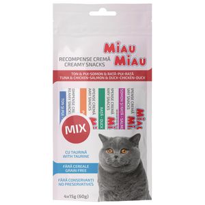 MIAU MIAU Creamy Snacks Mix Ton, Pui, Somon și Rață, recompense fără cereale pisici, (piure), 60g